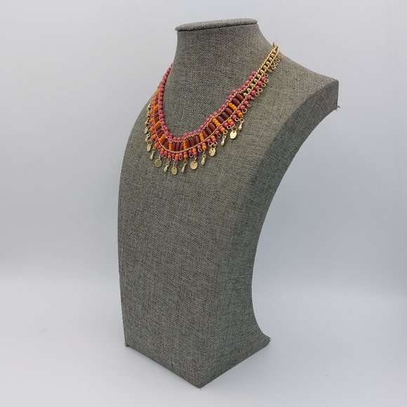 New Jewelry Box Necklace Bib Collar Beaded Orange Pink Metal Fringe Coin Charm - Picture 2 of 9